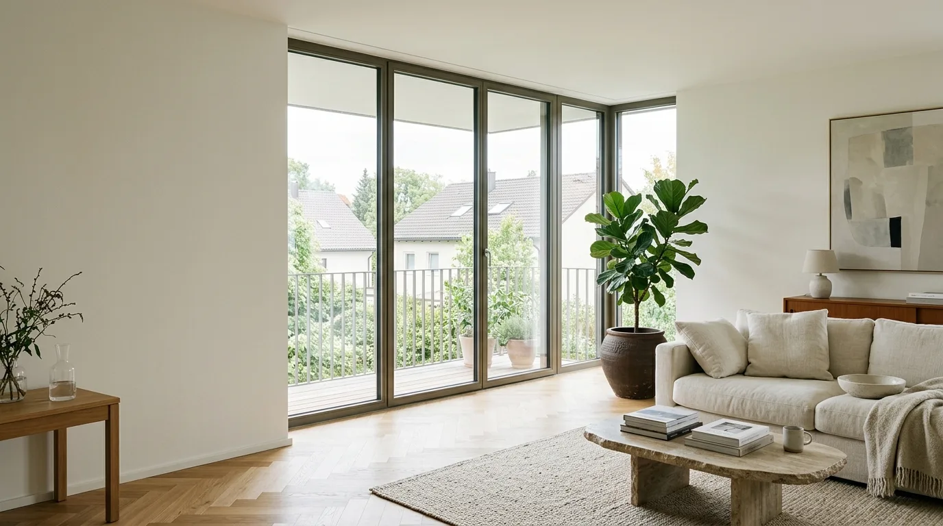Heller, moderner Wohnraum mit bodentiefen Fenstern